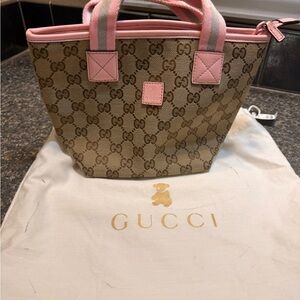 Gucci Beige GG Canvas Tote with Pink Trim